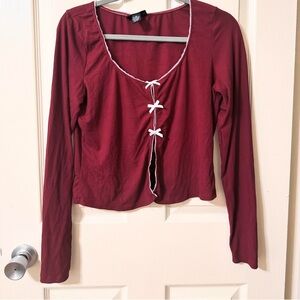 Women's Red Long Sleeve Top with Bow Accents
